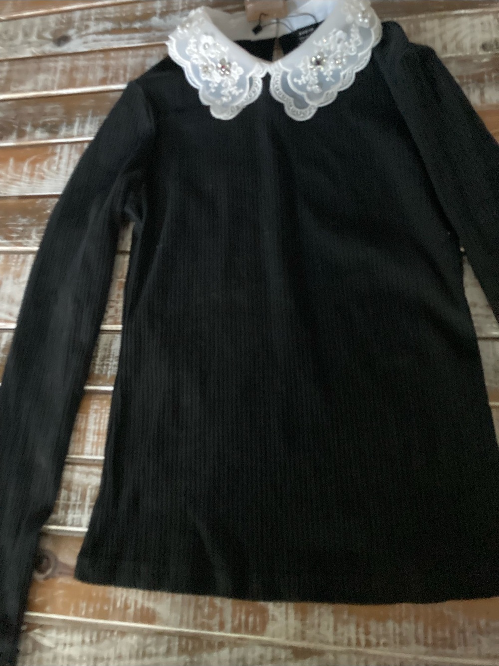 SHEIN Black Ribbed Sweater with White Embroidered Peter Pan Collar